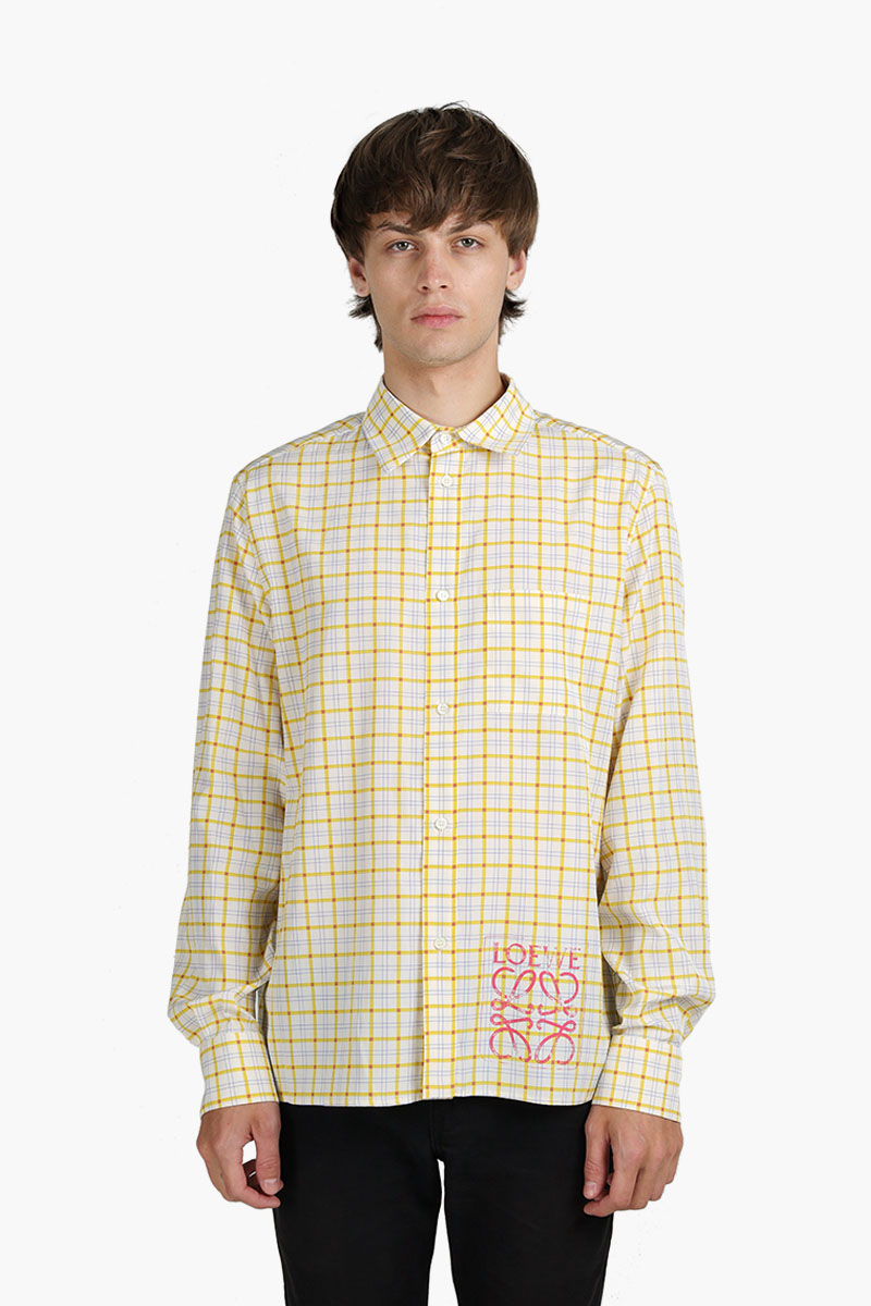LOEWE Men Anagram Stamp Check Long Sleeves Shirt in Yellow/Lilac Silk x Cotton 0
