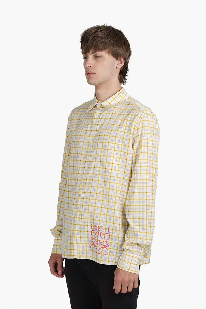 LOEWE Men Anagram Stamp Check Long Sleeves Shirt in Yellow/Lilac Silk x Cotton 2