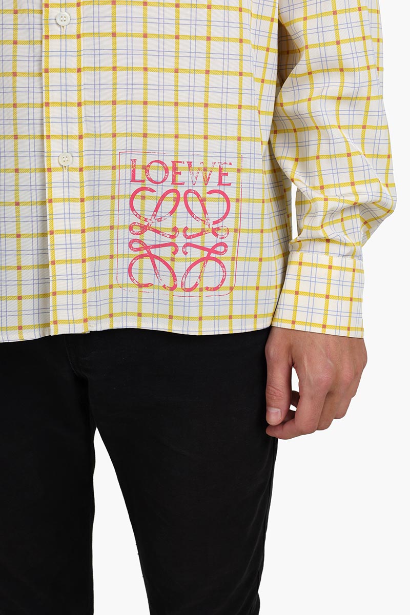 LOEWE Men Anagram Stamp Check Long Sleeves Shirt in Yellow/Lilac Silk x Cotton 3