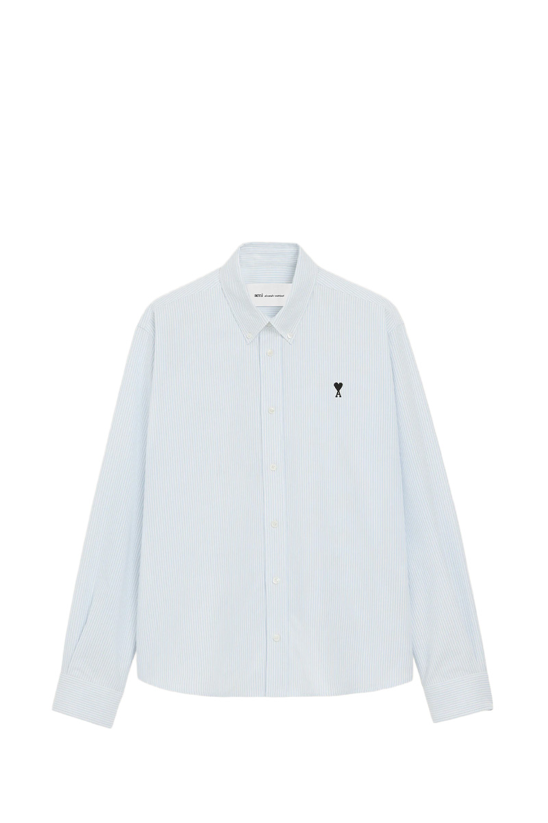 AMI Men Ami De Coeur Button Down Striped Oxford Shirt in Sky Blue/Natural White Cotton 0