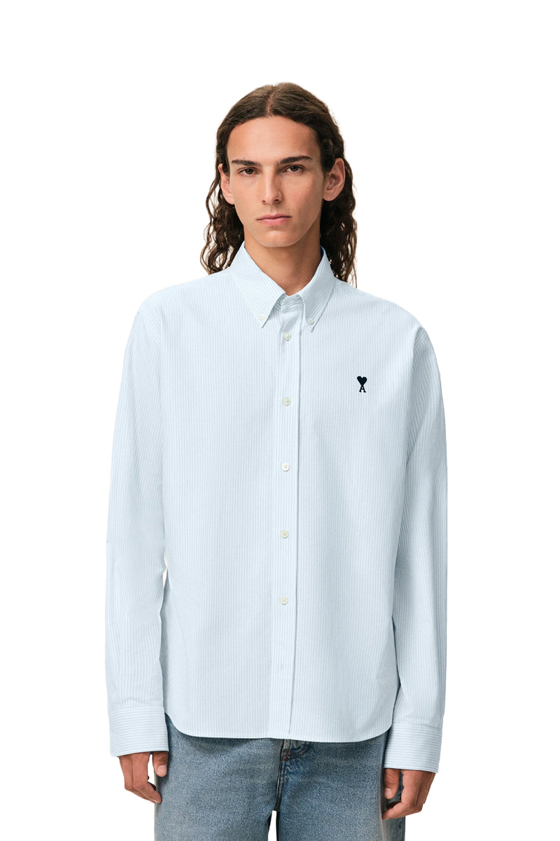 AMI Men Ami De Coeur Button Down Striped Oxford Shirt in Sky Blue/Natural White Cotton 1