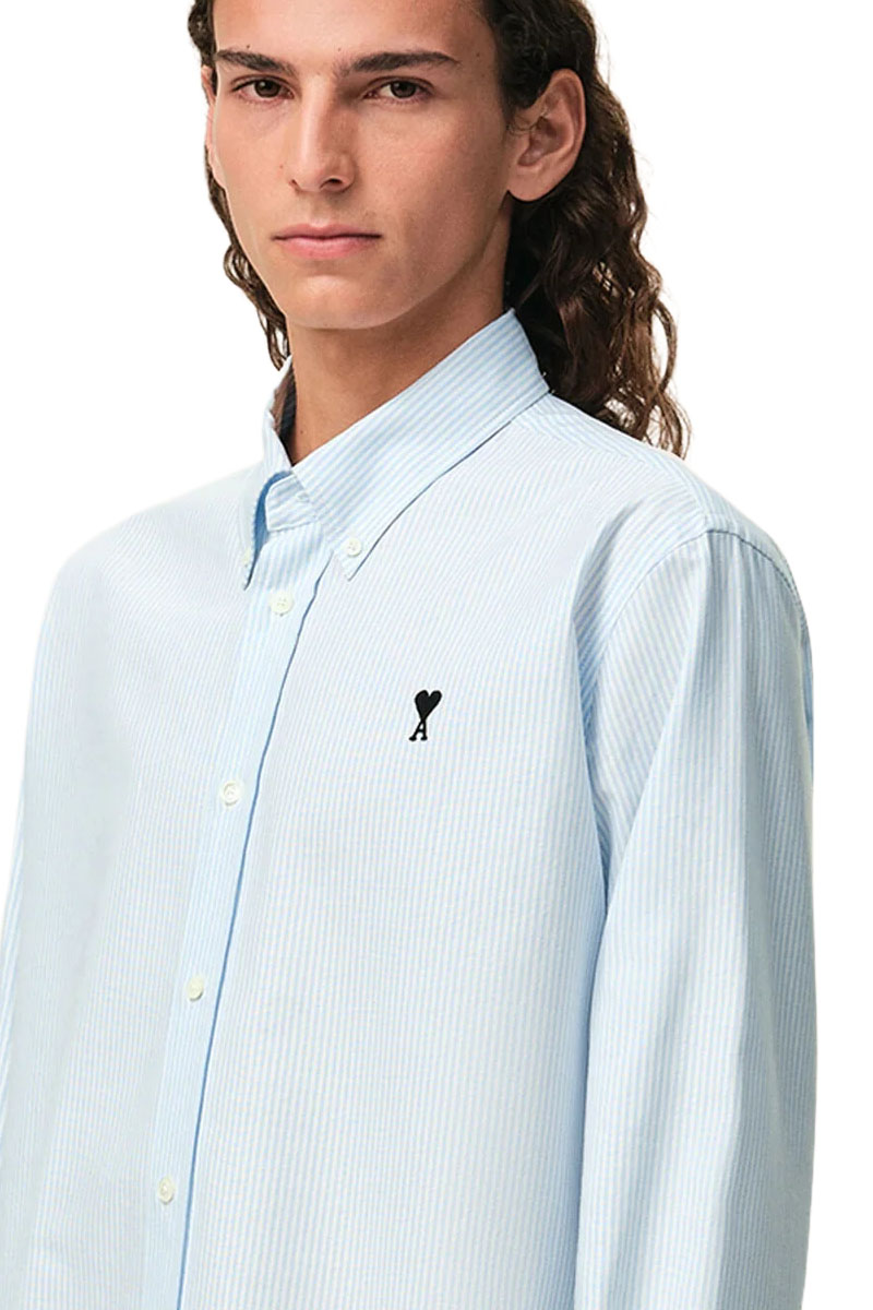 AMI Men Ami De Coeur Button Down Striped Oxford Shirt in Sky Blue/Natural White Cotton 3
