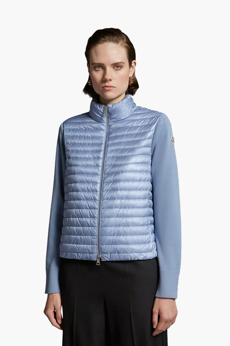 MONCLER Women Padded Wool Cardigan in Blue with Down-Filled Front 1