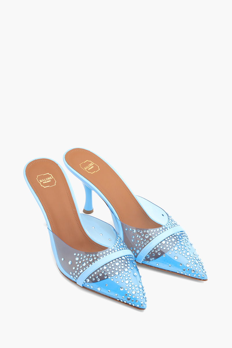 MALONE SOULIERS Joella Crystal Embellished Heeled Mules 70mm in Cyan/Cyan 1