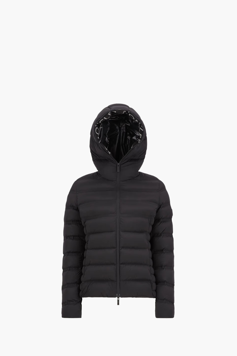 MONCLER Women Alete Short Down Jacket in Black Stretch Nylon with Hoodie 0