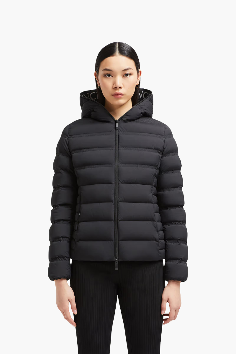 MONCLER Women Alete Short Down Jacket in Black Stretch Nylon with Hoodie 1