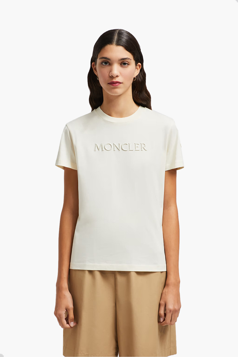 MONCLER Women Embroidered Tonal Logo T-Shirt in White Ivory Cotton 1