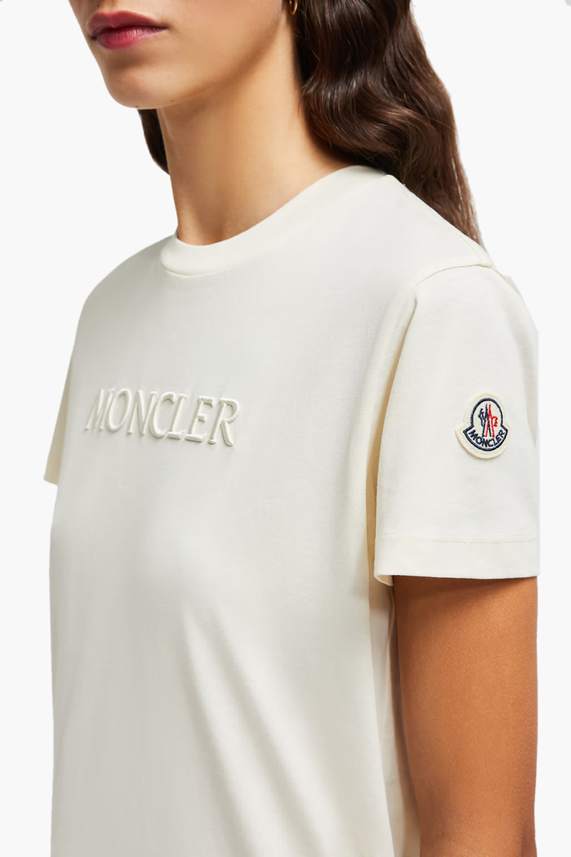 MONCLER Women Embroidered Tonal Logo T-Shirt in White Ivory Cotton 3