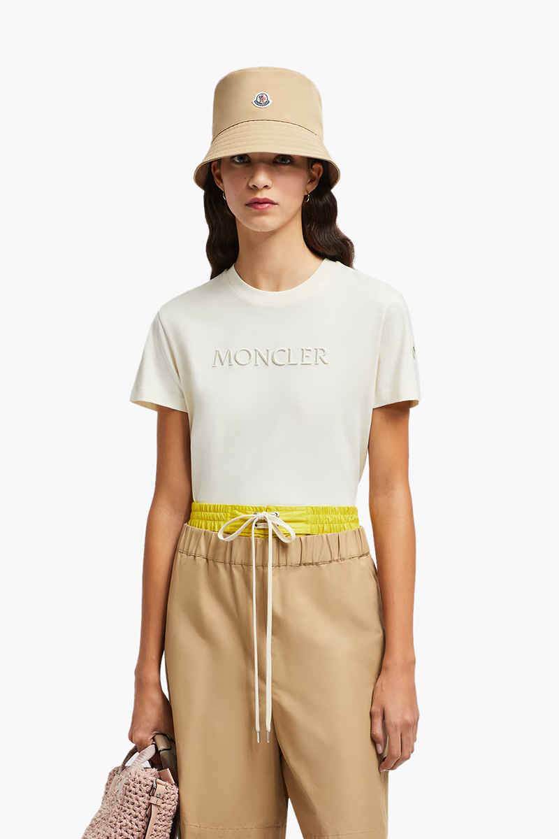 MONCLER Women Embroidered Tonal Logo T-Shirt in White Ivory Cotton 4