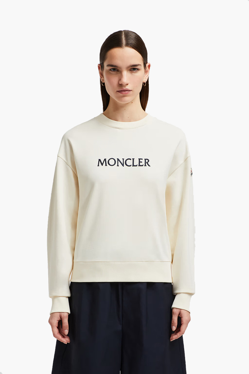 MONCLER Women Embroidered Tonal Logo Sweatshirt in White Ivory Cotton 1