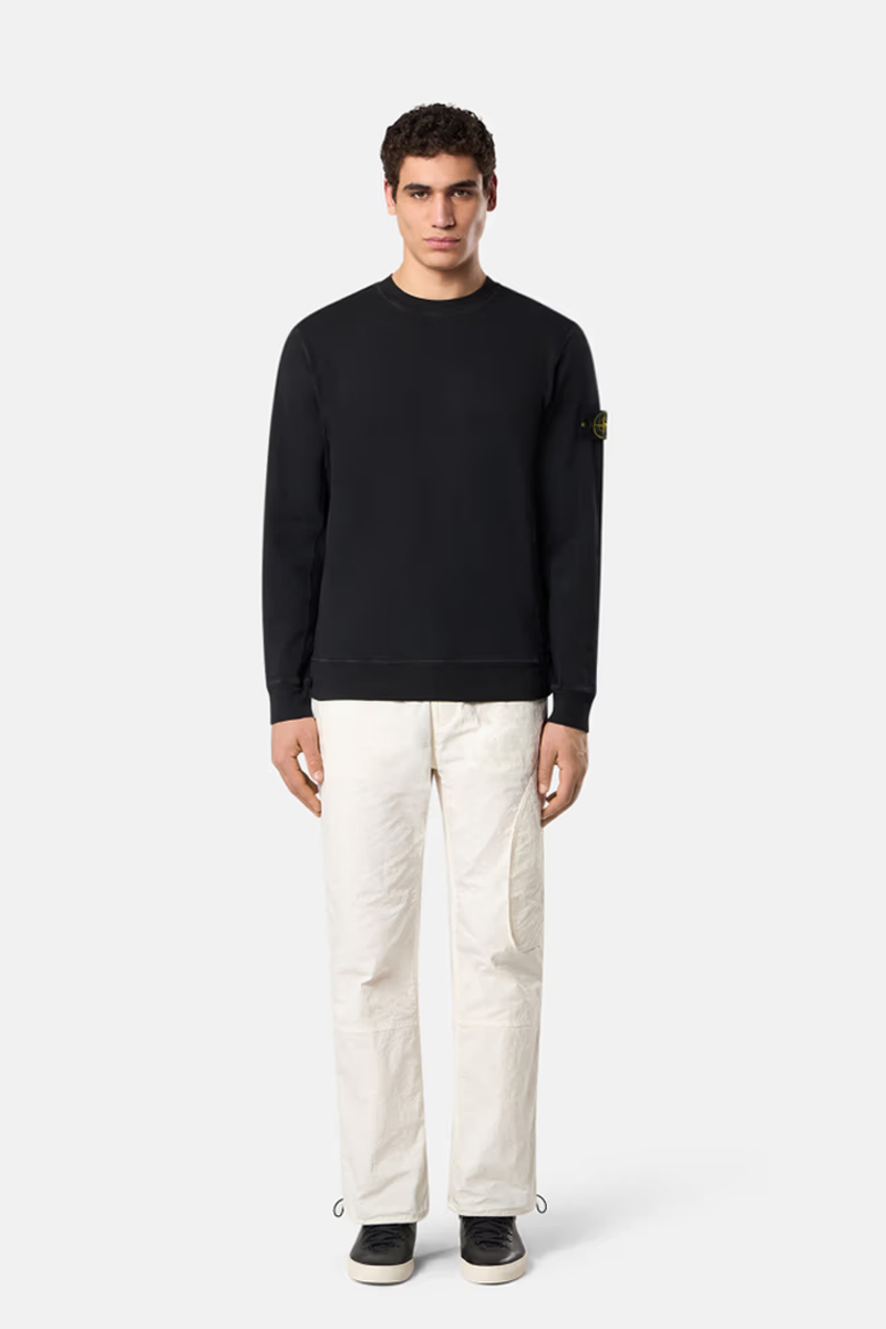 STONE ISLAND Men Crewneck Sweatshirt With Slub Effect in Black Malfile Fleece 1