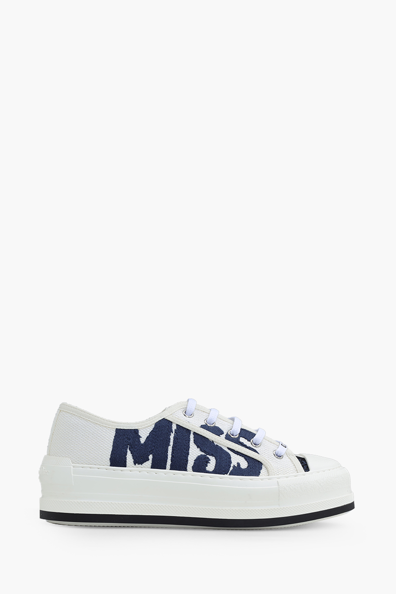 CHRISTIAN DIOR Walk Platform Sneakers in White/Deep Blue Cotton with Miss Dior Graffiti Motif 0