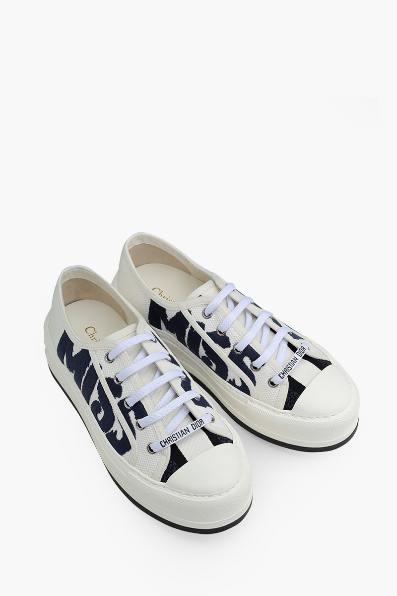 CHRISTIAN DIOR Walk Platform Sneakers in White/Deep Blue Cotton with Miss Dior Graffiti Motif 1