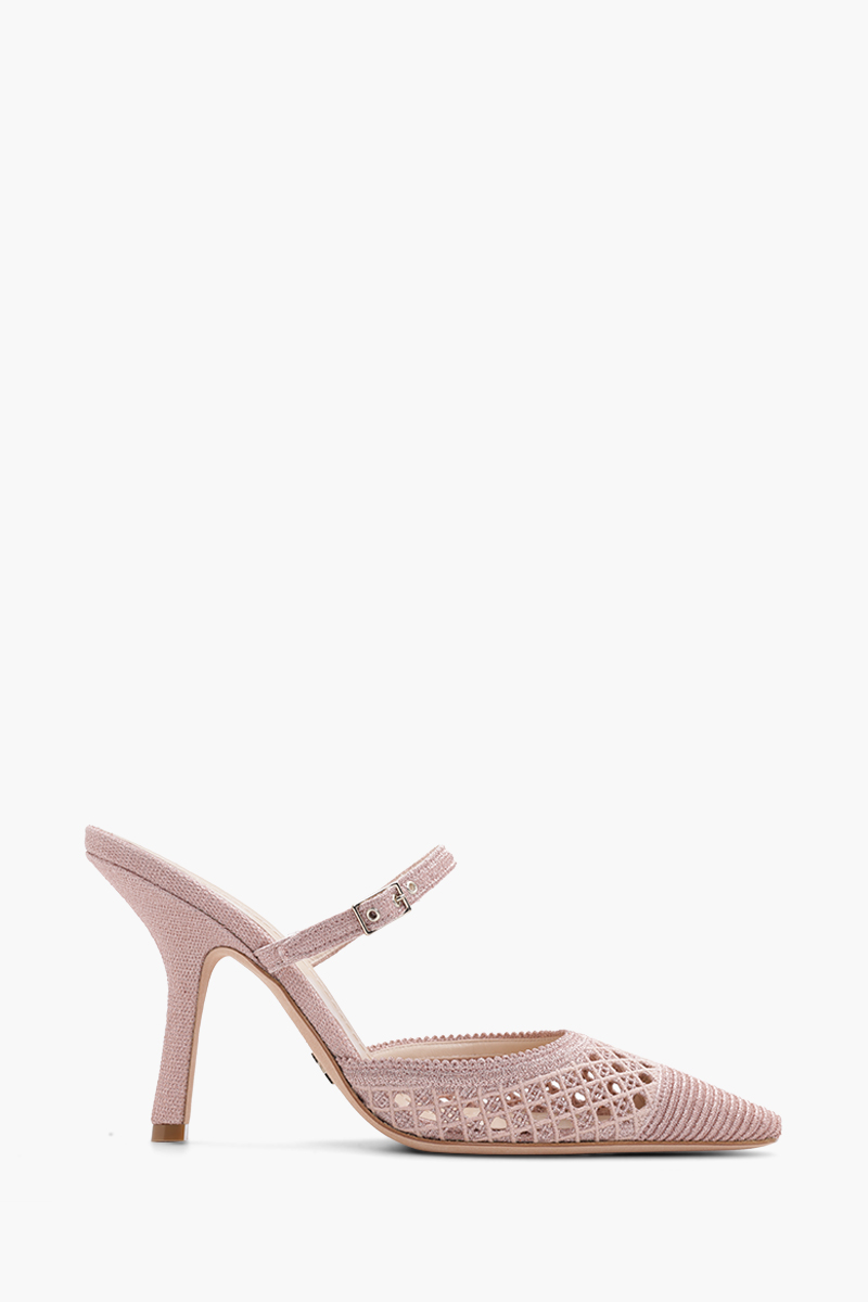 CHRISTIAN DIOR Capture Cannage Embroidery Heeled Mules 100mm Rose Des Vents Metallic Mesh 0