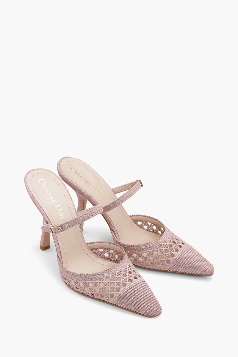 CHRISTIAN DIOR Capture Cannage Embroidery Heeled Mules 100mm Rose Des Vents Metallic Mesh 1