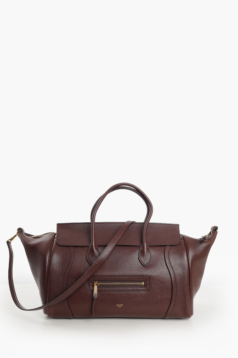 CELINE Medium Luggage Handbag in Dark Brown Soft Shiny Lambskin 0
