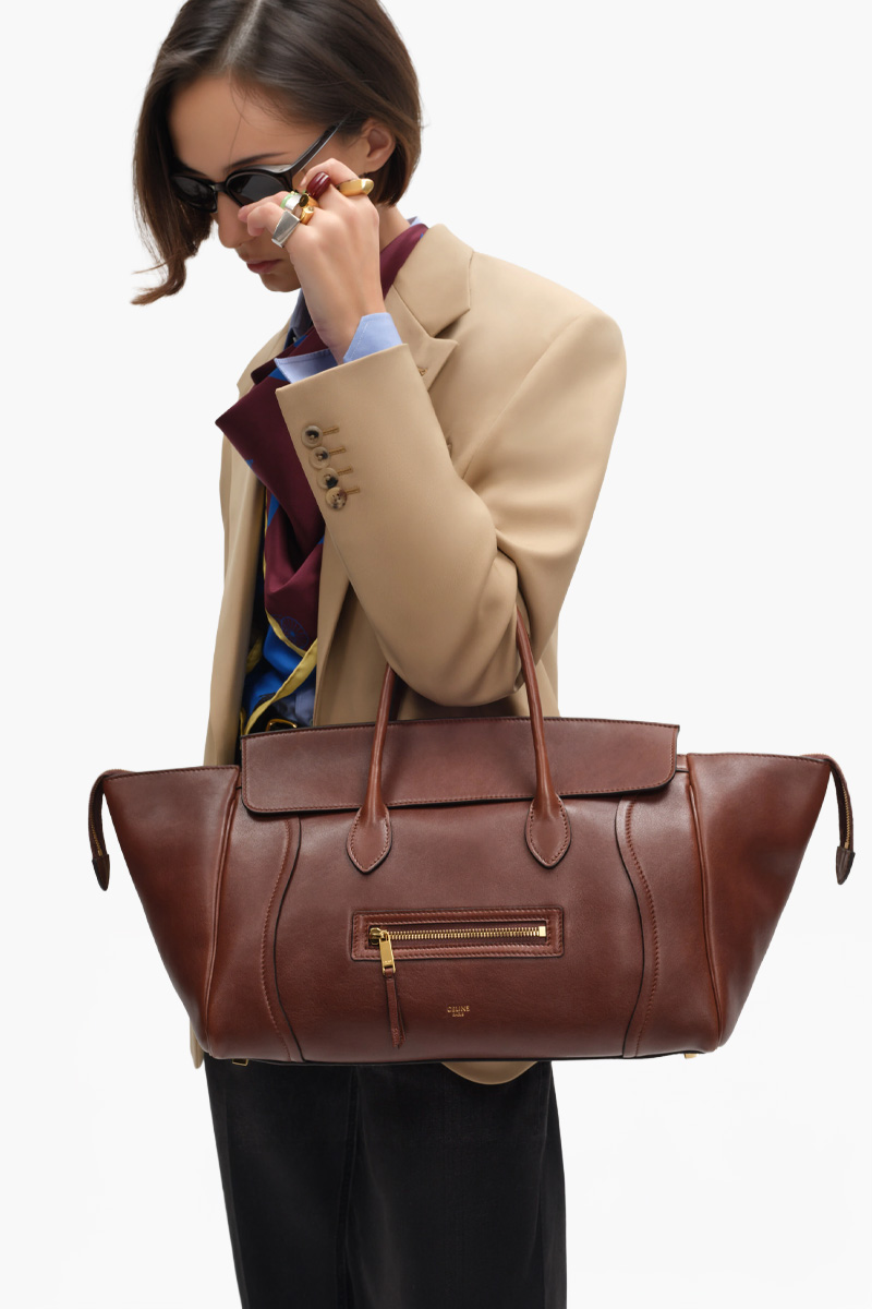 CELINE Medium Luggage Handbag in Dark Brown Soft Shiny Lambskin 3