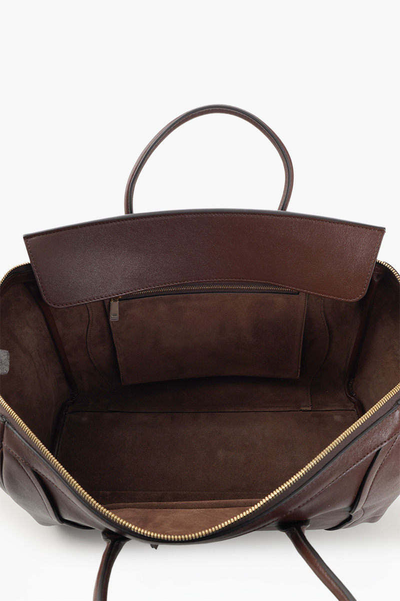 CELINE Medium Luggage Handbag in Dark Brown Soft Shiny Lambskin 4