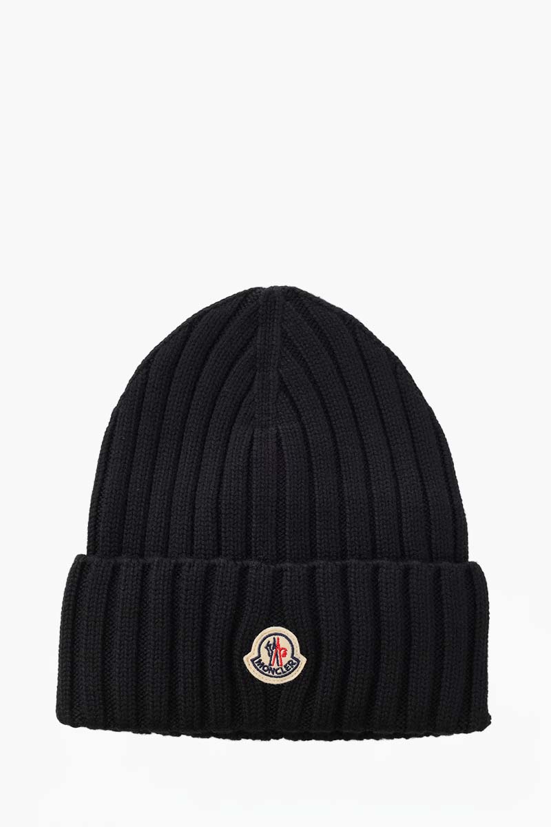 MONCLER Logo Patch Beanie in Black Virgin Wool 0