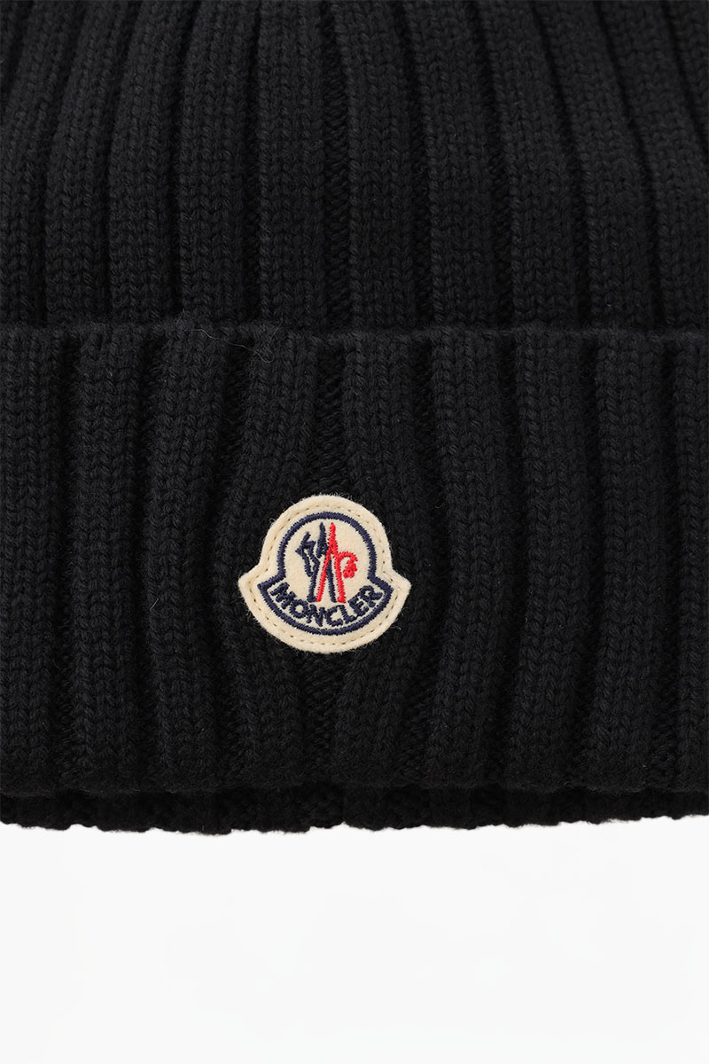 MONCLER Logo Patch Beanie in Black Virgin Wool 2