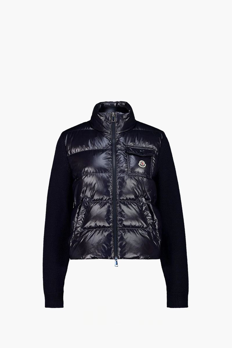 MONCLER Women Padded Zip-Up Cardigan in Navy Quilted Wool with Buttoned Pockets 0