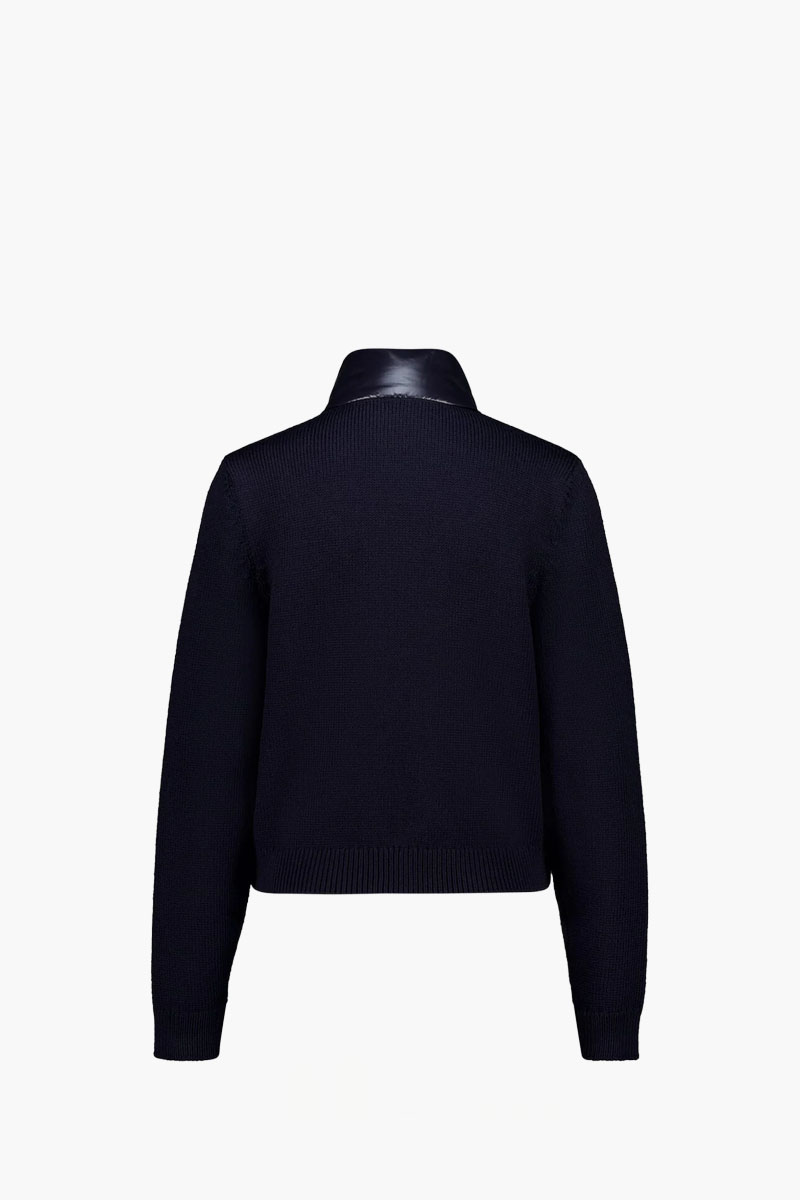 MONCLER Women Padded Zip-Up Cardigan in Navy Quilted Wool with Buttoned Pockets 1