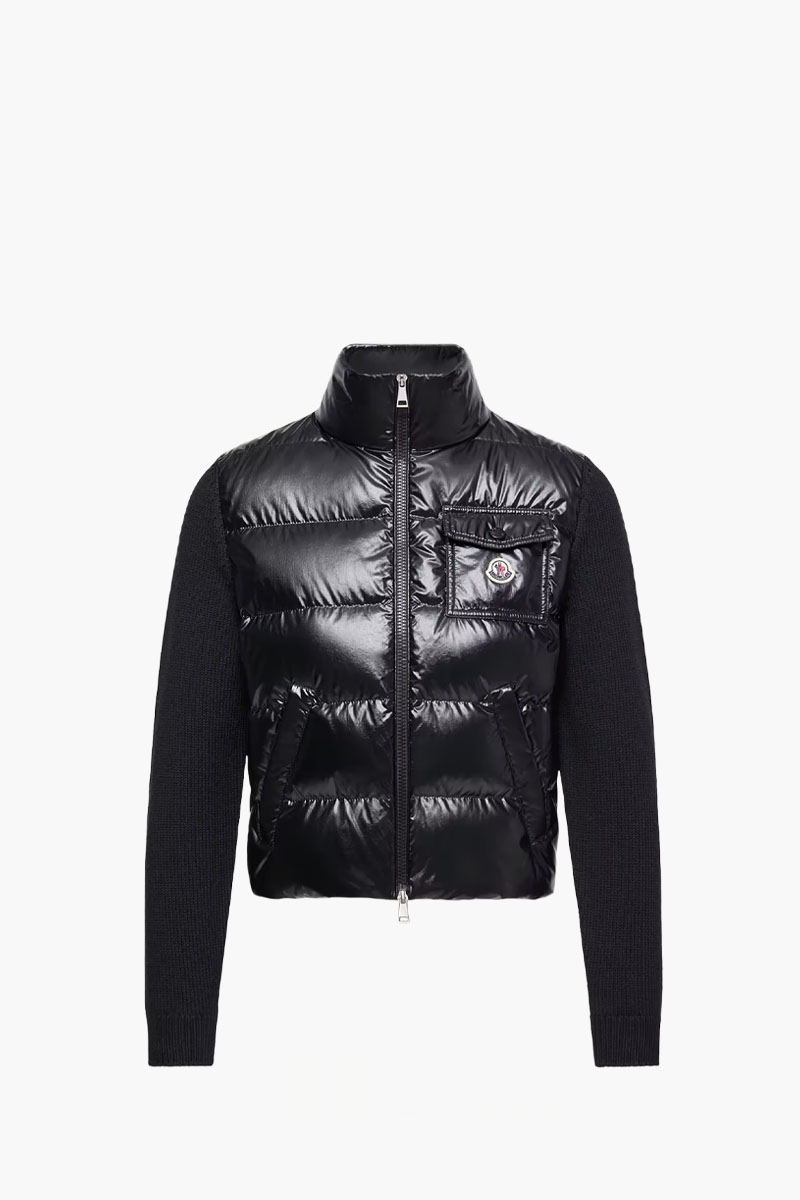 MONCLER Women Padded Zip-Up Cardigan in Black Quilted Wool with Buttoned Pockets 0