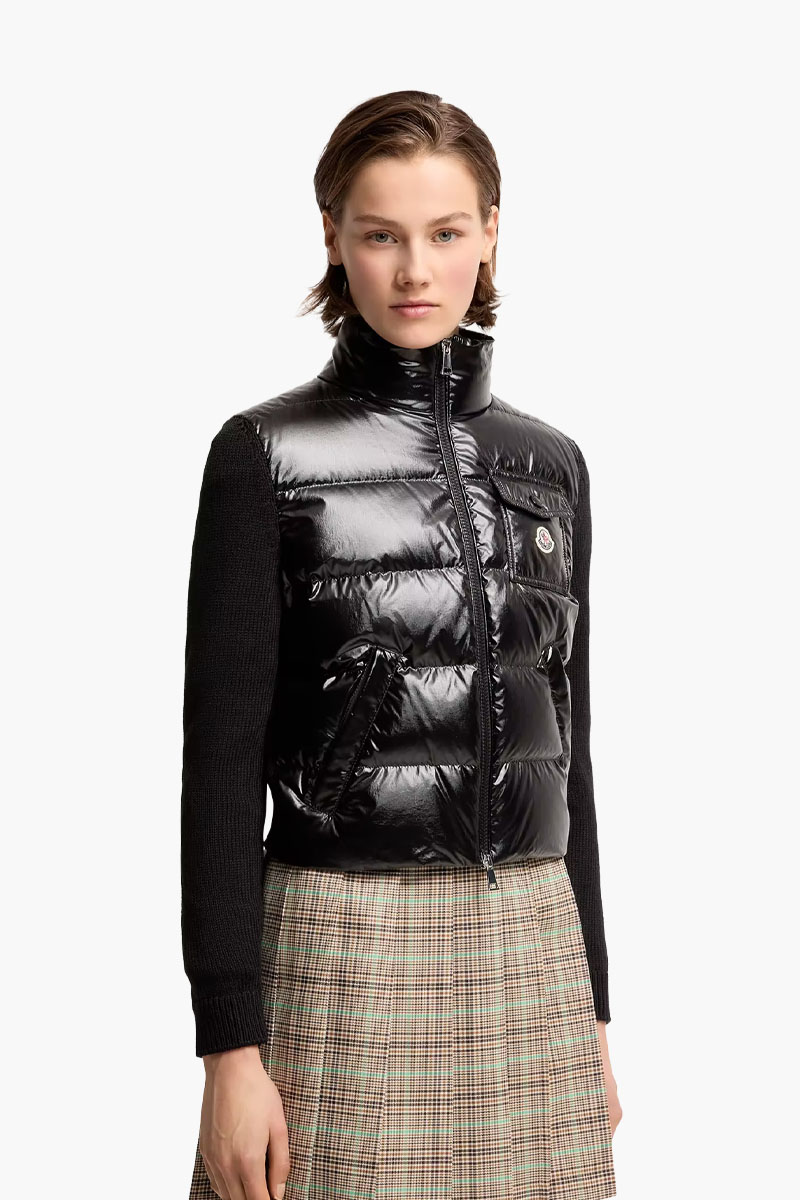 MONCLER Women Padded Zip-Up Cardigan in Black Quilted Wool with Buttoned Pockets 1