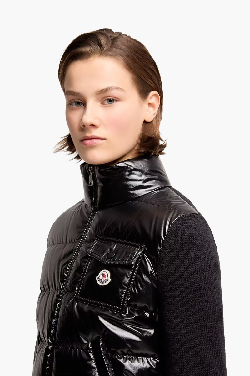 MONCLER Women Padded Zip-Up Cardigan in Black Quilted Wool with Buttoned Pockets 3