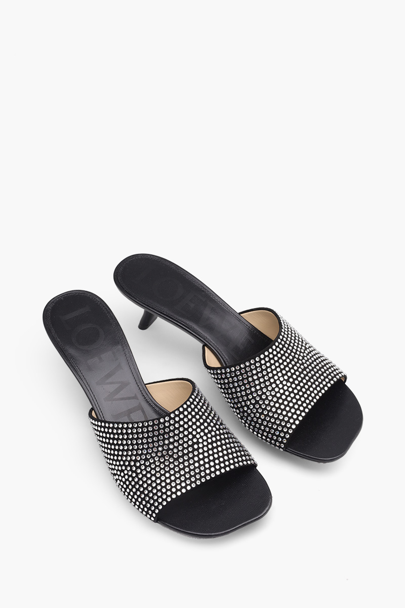 LOEWE Petal Kitten Heel Slides 45mm in Black Suede with Crystals 1