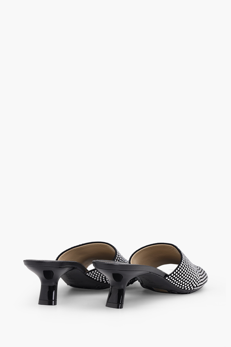 LOEWE Petal Kitten Heel Slides 45mm in Black Suede with Crystals 2