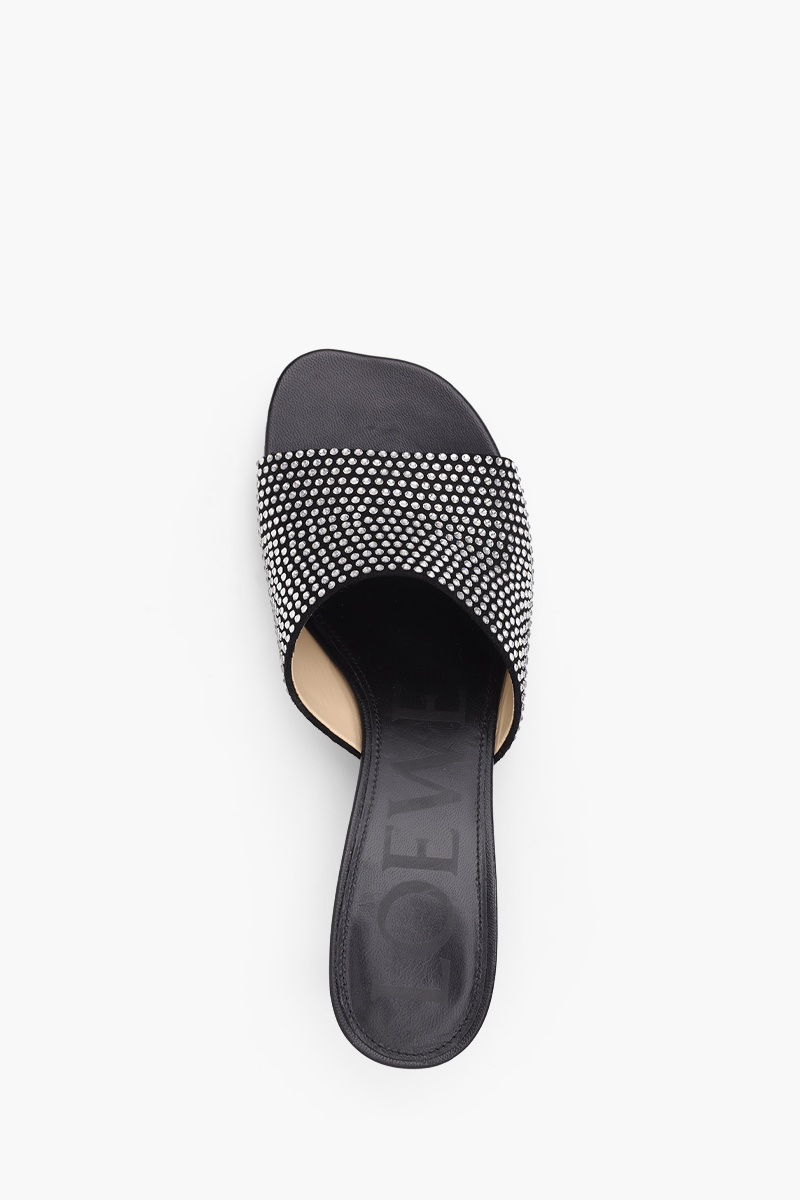 LOEWE Petal Kitten Heel Slides 45mm in Black Suede with Crystals 3
