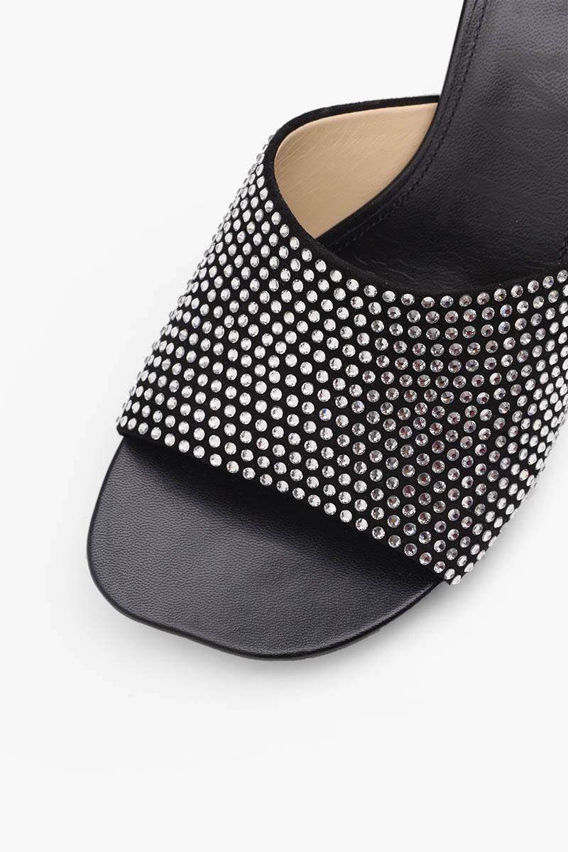 LOEWE Petal Kitten Heel Slides 45mm in Black Suede with Crystals 4