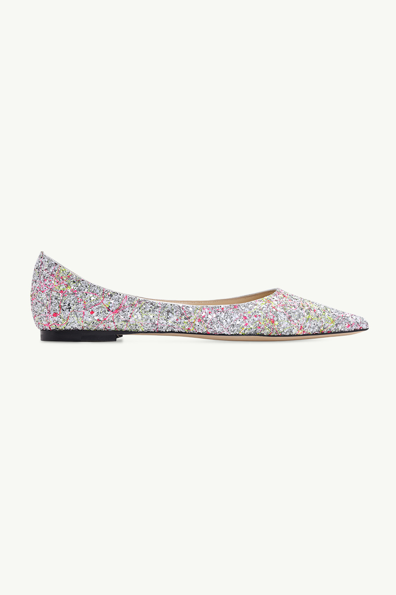 JIMMY CHOO Love Ballerina in Silver Multicolor Splattered Coarse Glitter Fabric 0