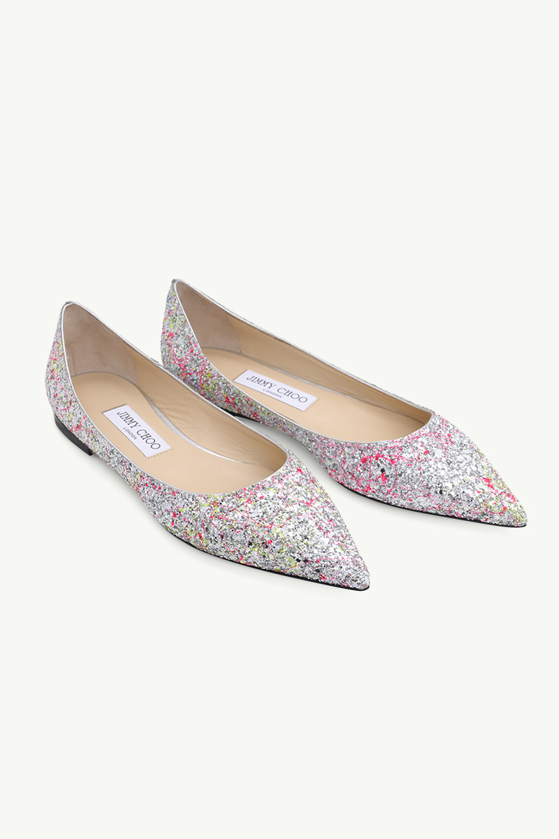 JIMMY CHOO Love Ballerina in Silver Multicolor Splattered Coarse Glitter Fabric 1