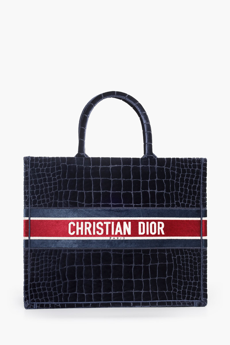 CHRISTIAN DIOR Book Tote Crocodile-Effect Embroidered Bag in Deep Blue/Red Velvet 0