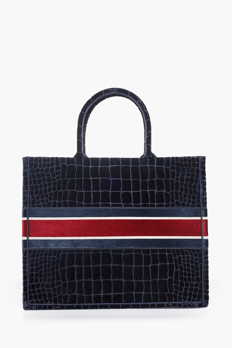 CHRISTIAN DIOR Book Tote Crocodile-Effect Embroidered Bag in Deep Blue/Red Velvet 1