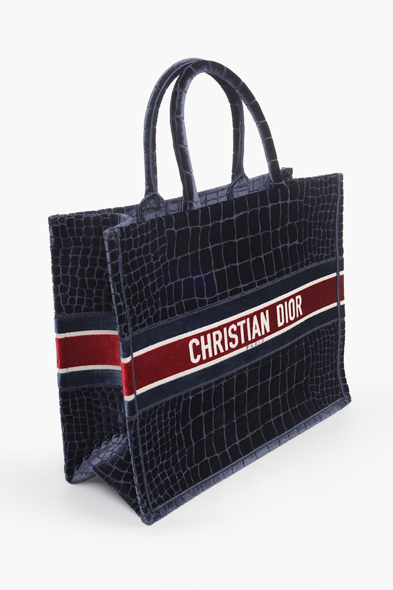 CHRISTIAN DIOR Book Tote Crocodile-Effect Embroidered Bag in Deep Blue/Red Velvet 2