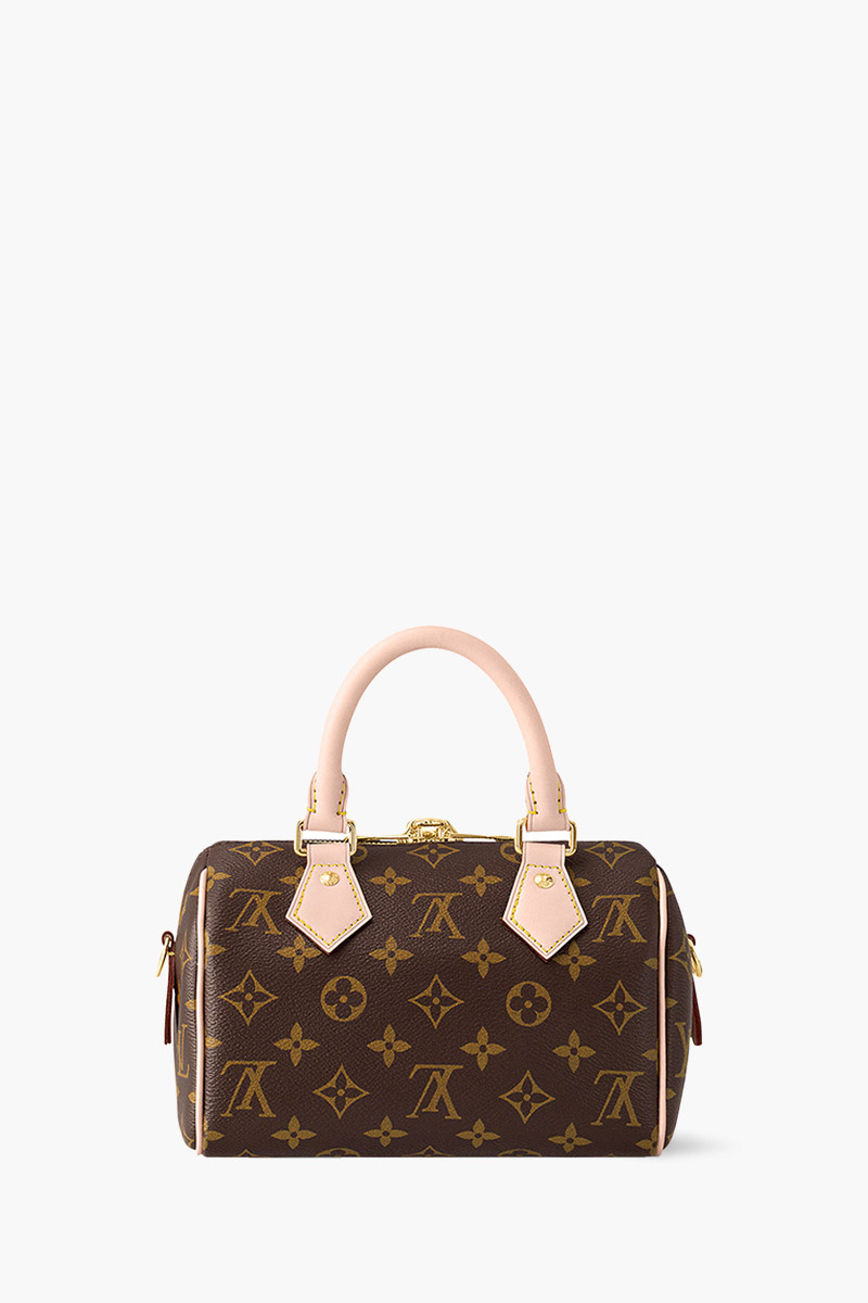 LOUIS VUITTON Speedy Bandouliere 20 Handbag in Brown Monogram Canvas with Black Strap 1