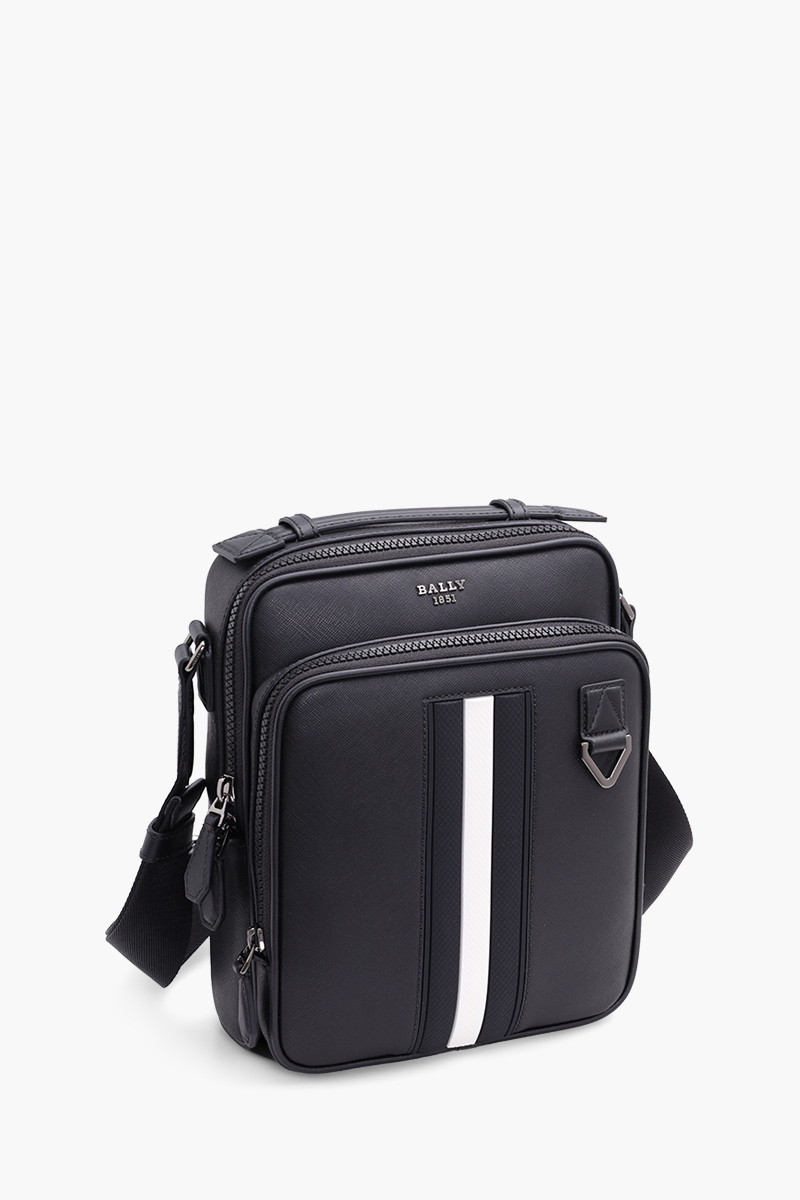 BALLY Men Mackao Crossbody Bag in Black/Black/White Quilted Leather with Stripe 2