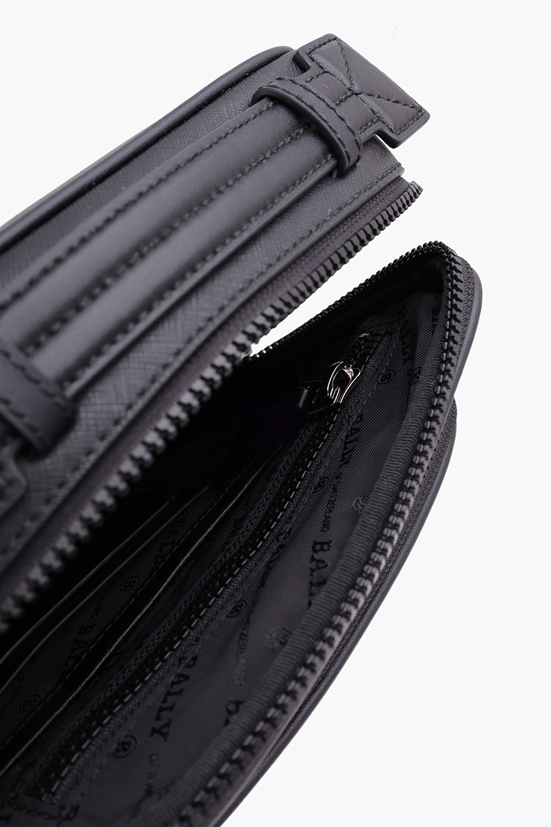 BALLY Men Mackao Crossbody Bag in Black/Black/White Quilted Leather with Stripe 3