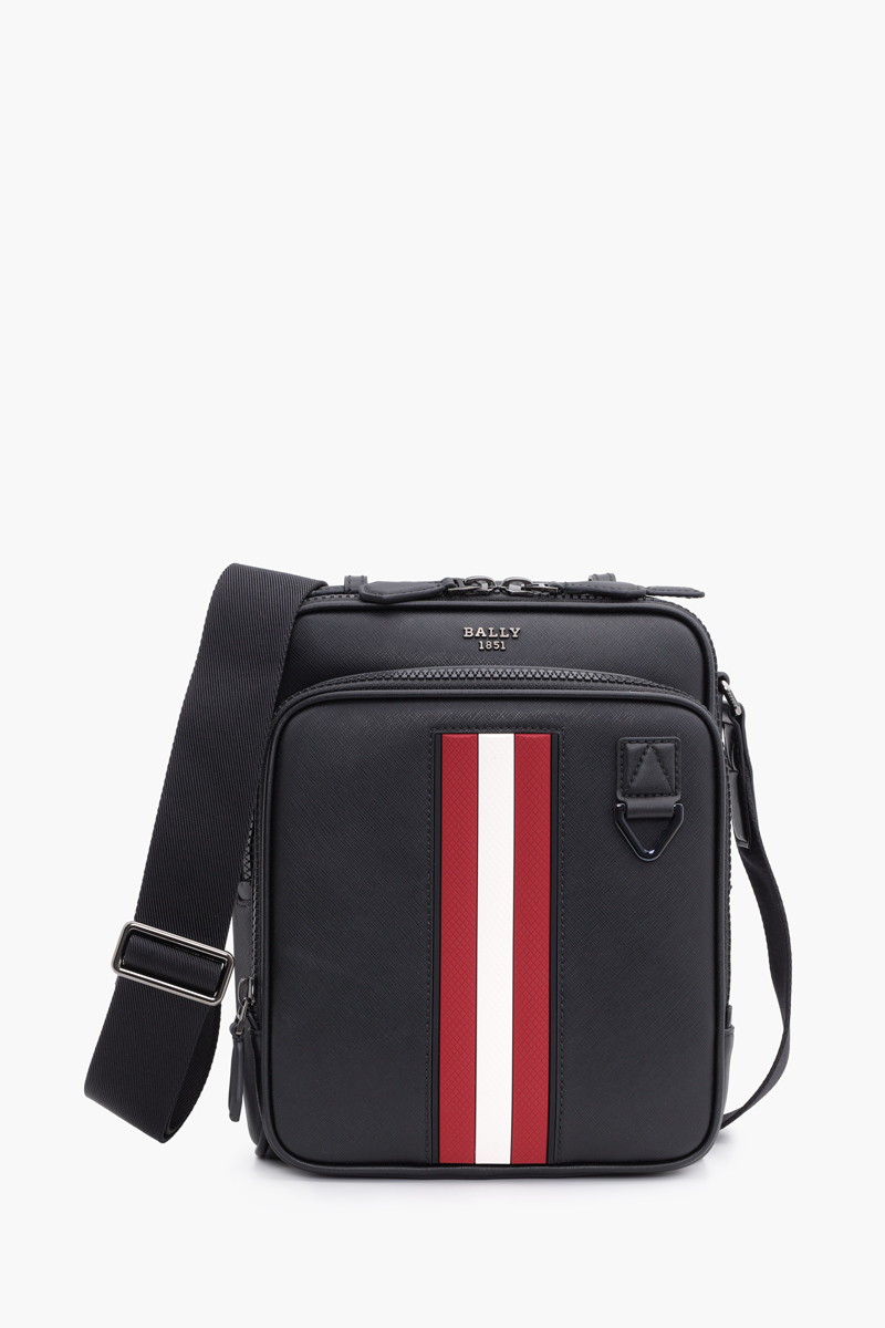 BALLY Men Mackao Crossbody Bag in Black/Red/White Quilted Leather with Stripe 0