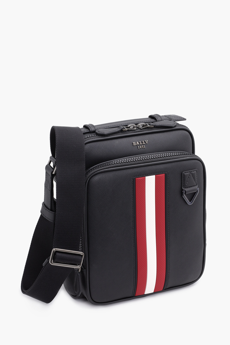 BALLY Men Mackao Crossbody Bag in Black/Red/White Quilted Leather with Stripe 2