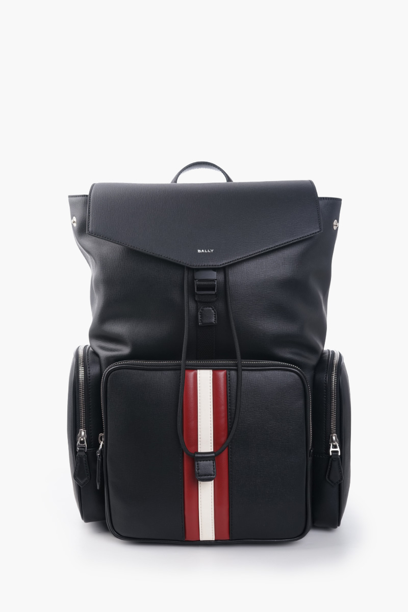BALLY Mythos Backpack in Black Recyled Bovine Leather with Stripes 0