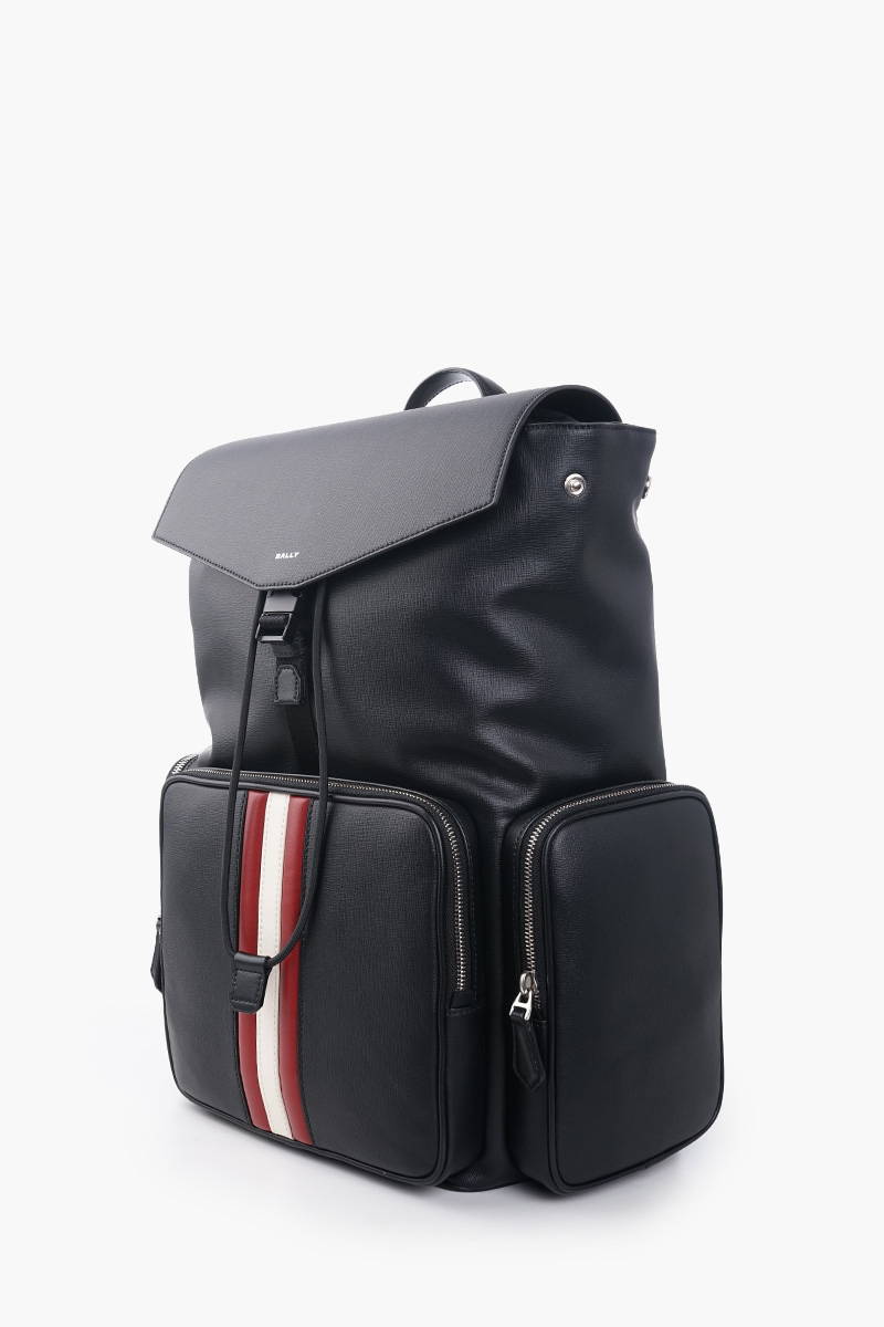 BALLY Mythos Backpack in Black Recyled Bovine Leather with Stripes 1
