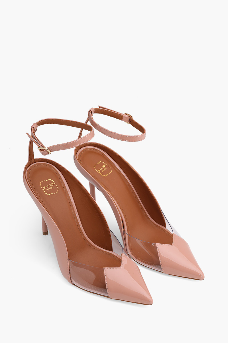 MALONE SOULIERS Malia Ankle Strap Pumps 100mm in Nude/Clear PVC x Patent 1