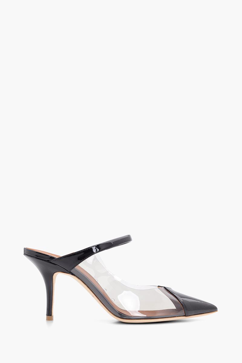 MALONE SOULIERS Marli Mules 70mm in Black/Smoke PVC x Patent 0