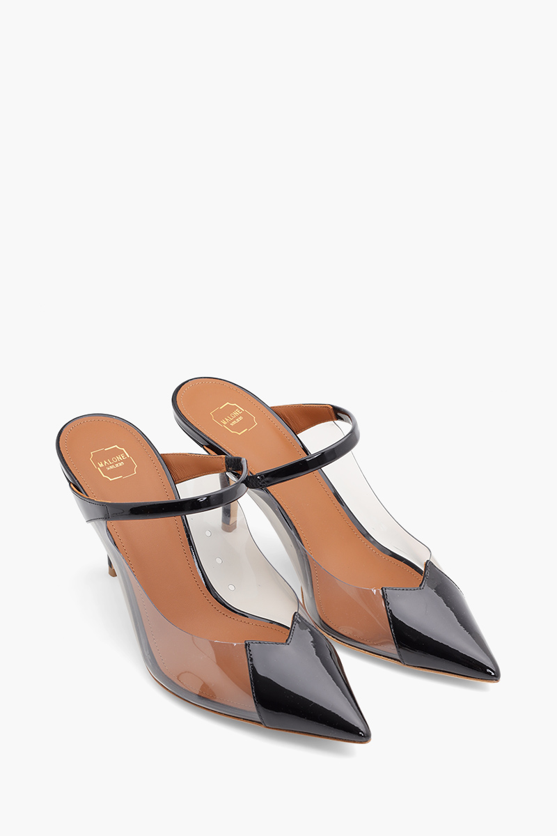 MALONE SOULIERS Marli Mules 70mm in Black/Smoke PVC x Patent 1