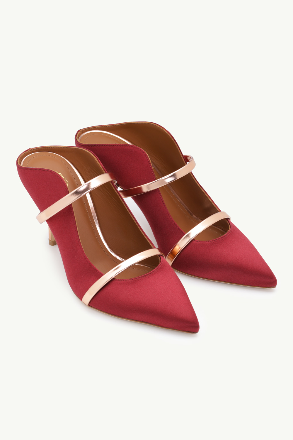 MALONE SOULIERS Maureen Pumps 70mm in Wine Satin/Rose Gold 1