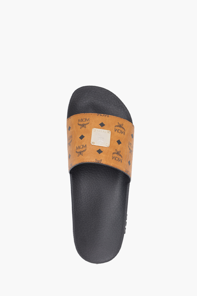 MCM Men Classic Rubber Slide in Cognac/Black with Logo Plate 3